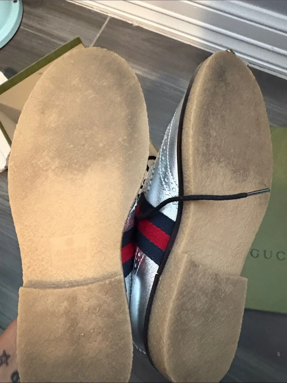 Gucci Silver Wingtip Oxfords with Red & Black Web Stripe kids unisex